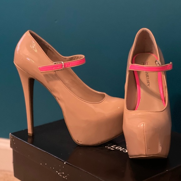 Nude Platform High Heels w/ Neon Pink Strap - Picture 2 of 6